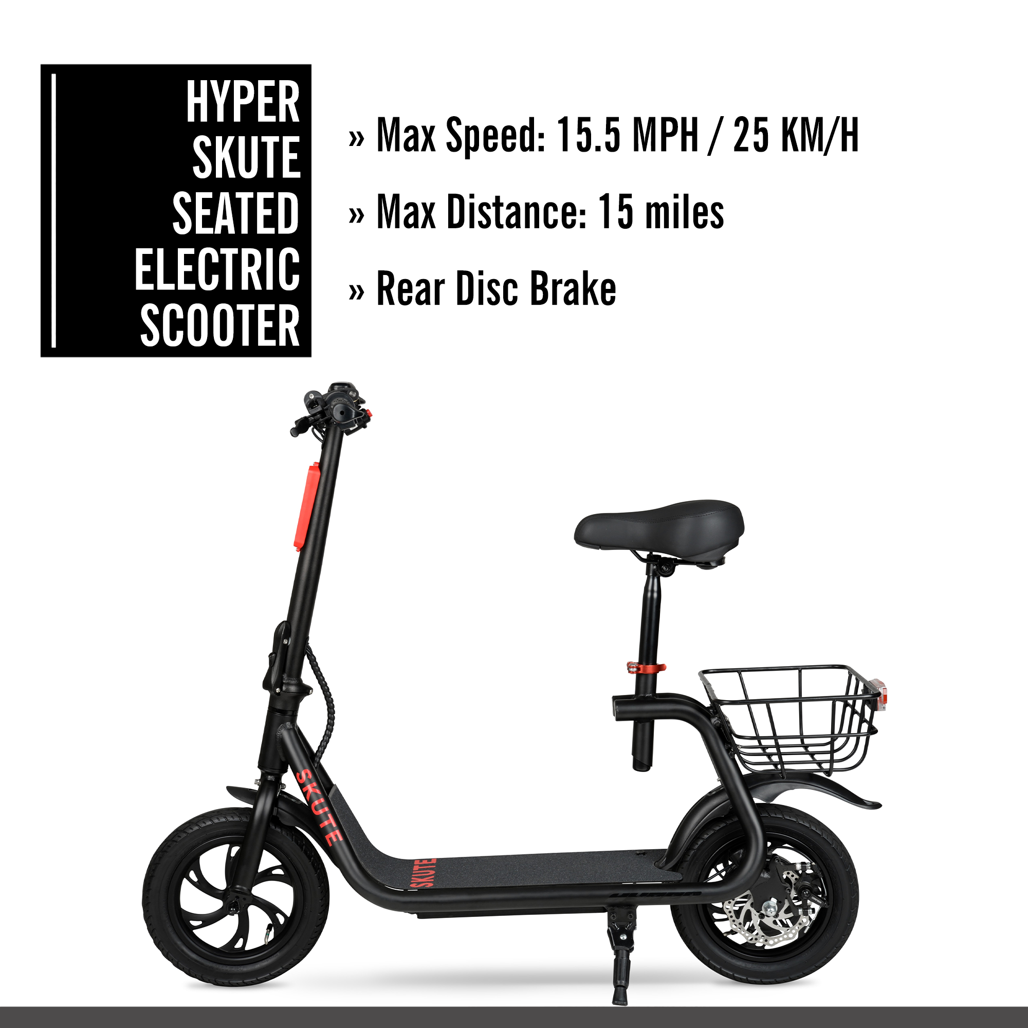 Hyper 36V Skute Commute 12" Seated Electric Scooter with Basket, 250W Motor, 13 Years+, Max Speed 15mph - image 5 of 15