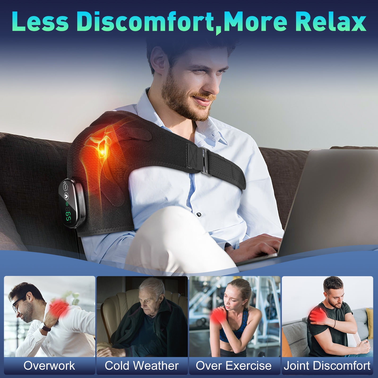 Heating Vibration Massage Shoulder Pad With Digital Display Controller 3-Speed Heating 3-speed Vibration Massage Portable Shoulder Massage Equipment Relieve Shoulder and Neck Pain USB Charging, Black