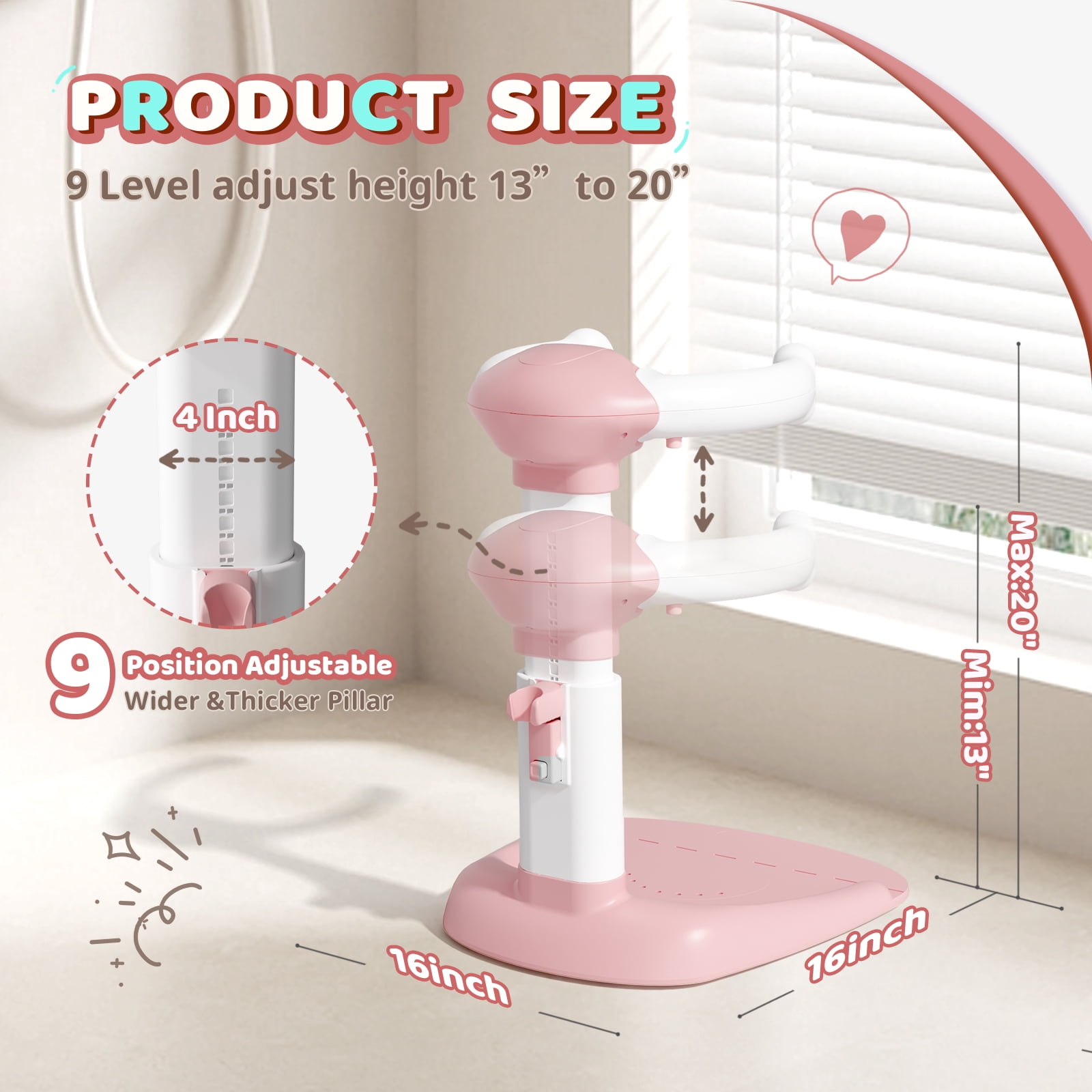 COOSEYA Baby Bath with Shower Stand Support, Anti-Pinch Soporte para Bañera de Bebé Adjustable Shower Tower and Anti-Slip for Toddler Standing Up Themselves(Pink)