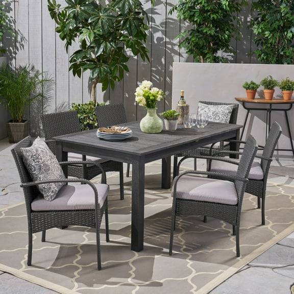 GDF Studio Elis Outdoor Acacia Wood and Wicker 7 Piece Expandable Dining Set, Sandblasted Gray and Gray
