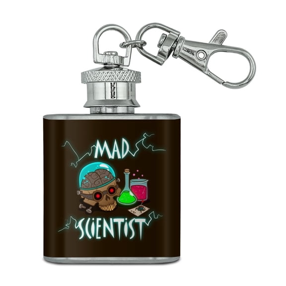 Mad Scientist with Beakers Brain Stainless Steel 1oz Mini Flask Key Chain