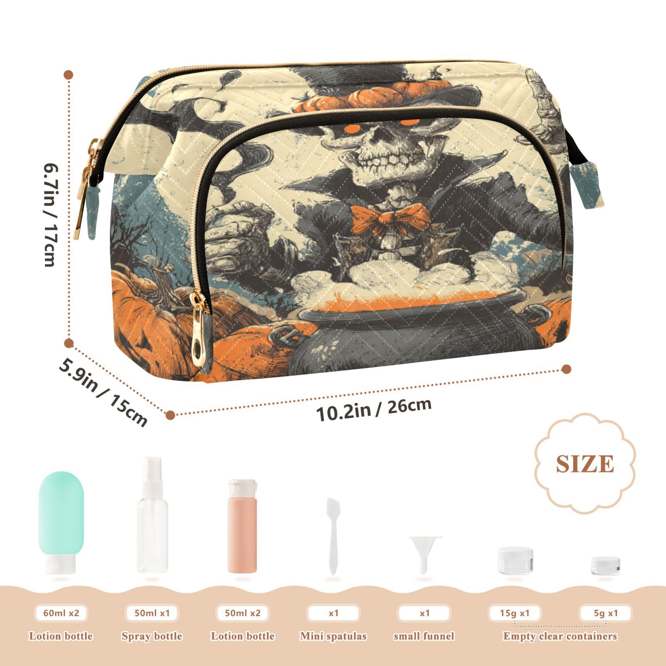 Wavy Quilted Cosmetic Bag Large-Capacity Travel Toiletry Organizer Includes 9-Piece Portable Travel Bottle Set Evil Skeleton Wizard