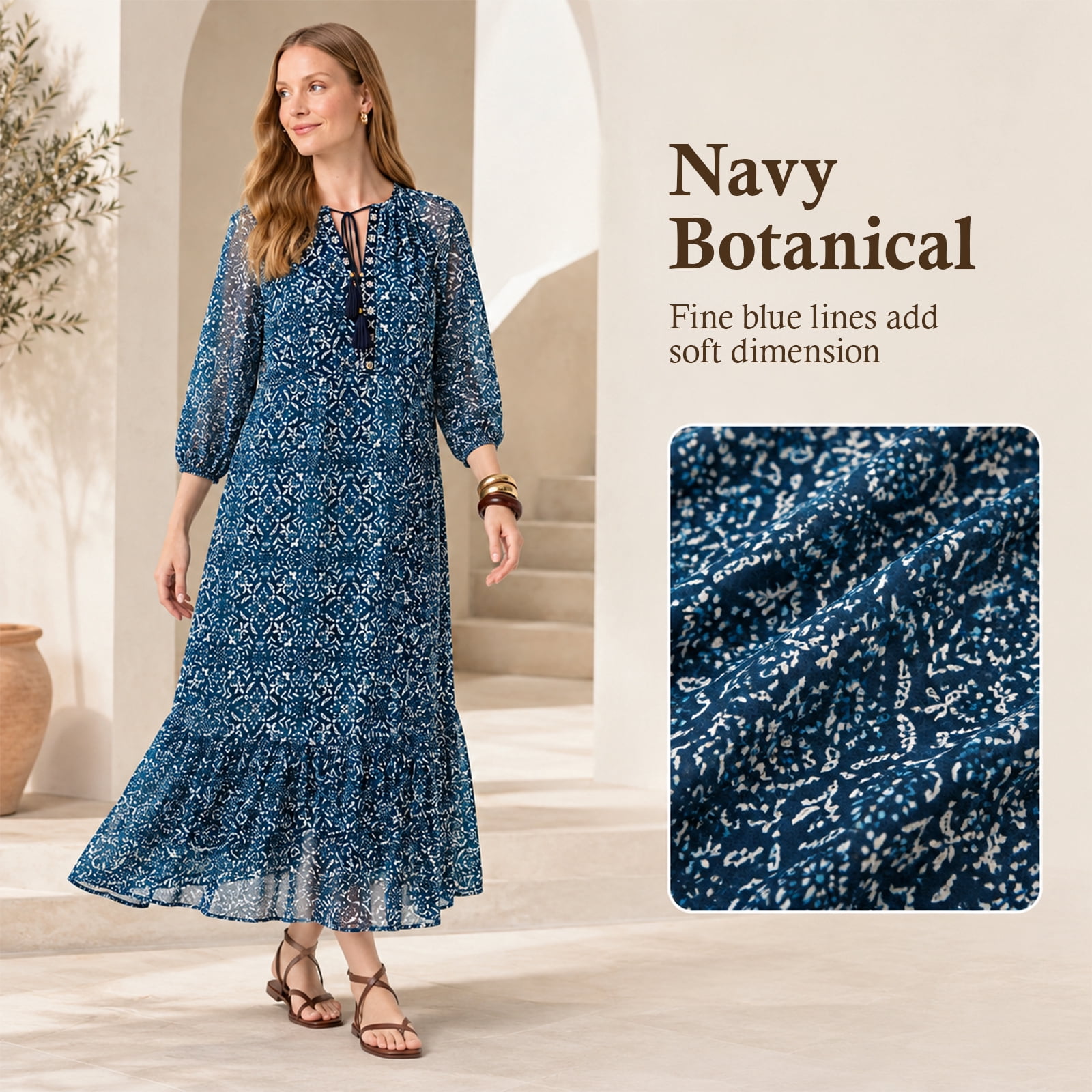 Alvantor Women's Printed Midi Dress, Tie Neck 3/4 Sleeve Tiered Style, Navy Multi