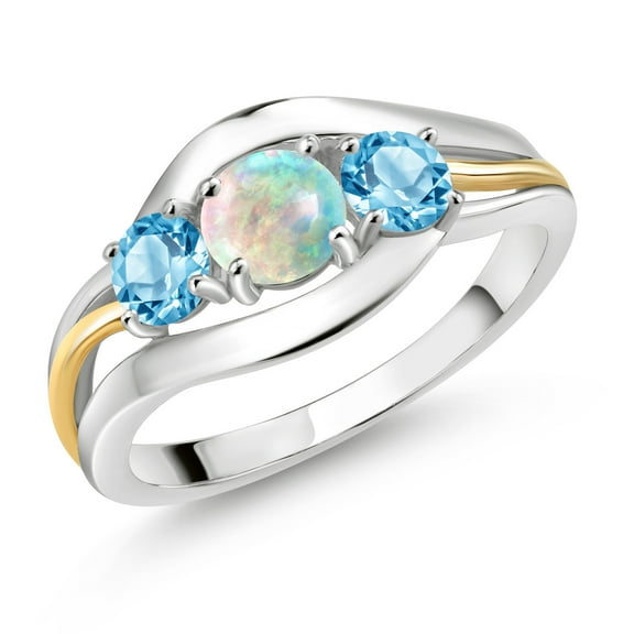 Gem Stone King 1.21 Cttw Round Cabochon White Opal and Swiss Blue Topaz 3 Stone Ring for Women | 925 Silver and 10K Yellow Gold | Wedding Engagement Anniversary Promise Ring for Women | Size 8