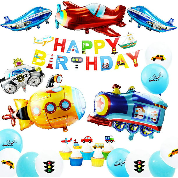 Transportation Birthday Decorations Party Supplies (Airplane Police car  Train Submarine Car Alphabet Banner Blue White Balloons) - Walmart.com