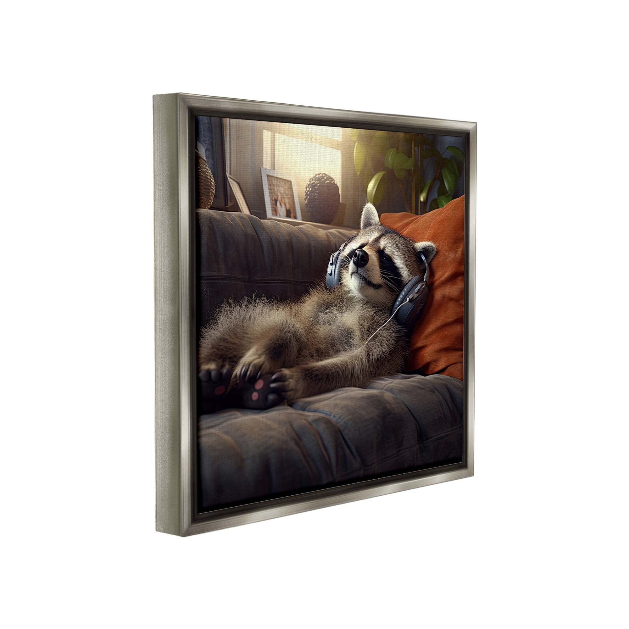 Stupell Industries Raccoon Relaxing Headphones Animals & Insects Painting Gray Floater Framed Canvas Art Print Wall Art, 18 x 18