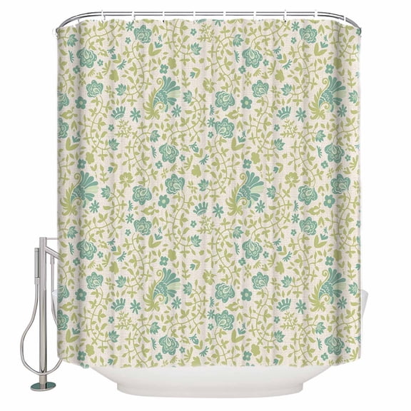 Fabric Shower Curtain, Spring Abstract Green Plant Leaves Flower Linen Pattern Shower Curtains with 12 Hooks Waterproof Machine Washable Bath Curtains for Bathroom,54 x 78in