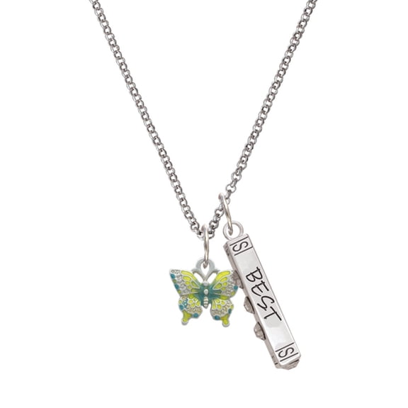 Delight Jewelry Silvertone Small Lime Green & Blue Butterfly Silvertone Best Friends Forever Bar Charm Necklace, 23"