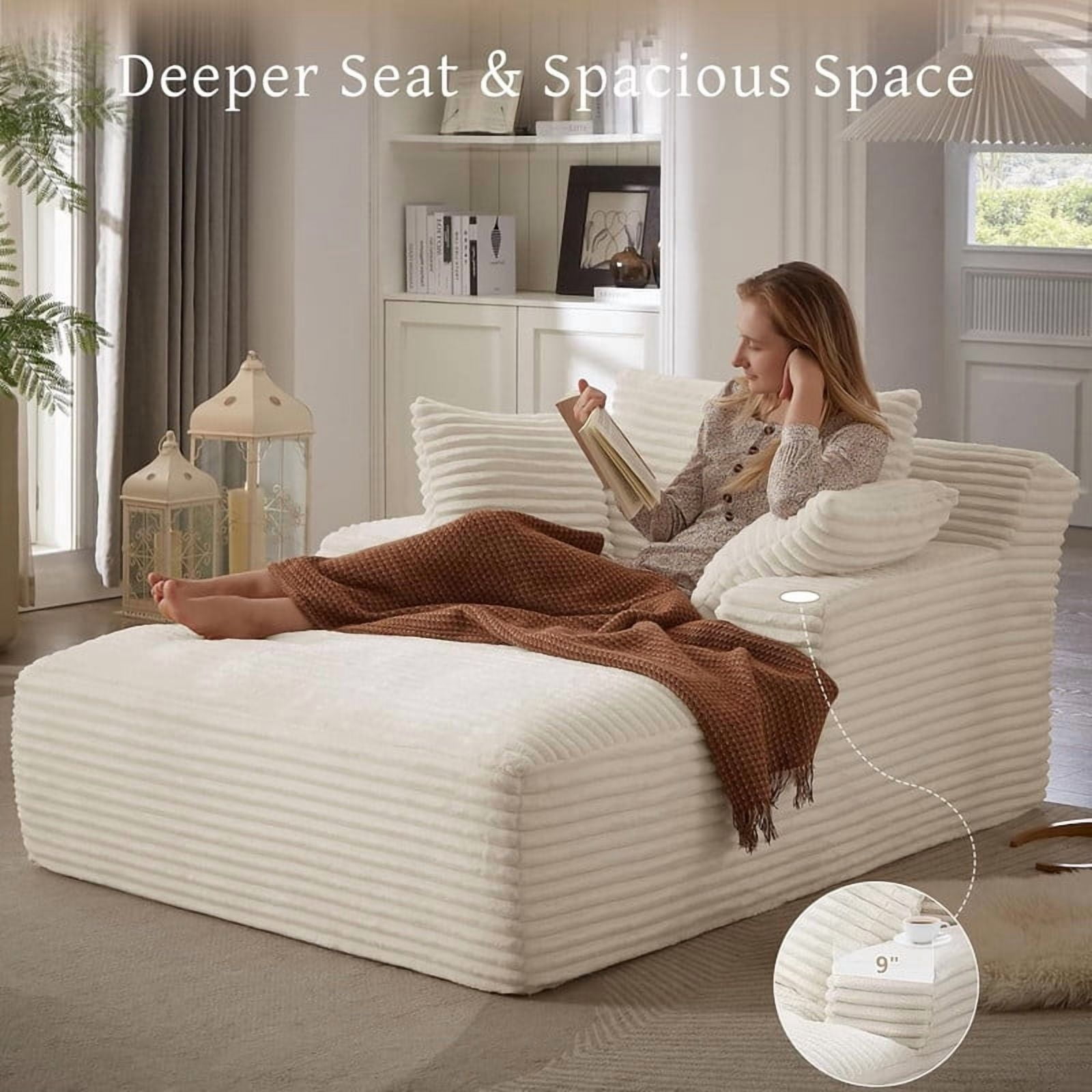 Oversized Chaise Lounge Chair Indoor, Upholstered Sofa Bed Sleeper Sofa Corduroy Cloud Couch Boneless Sofa Reading Chair with 3 Pillows for Living Room, 49.2''x66.1''