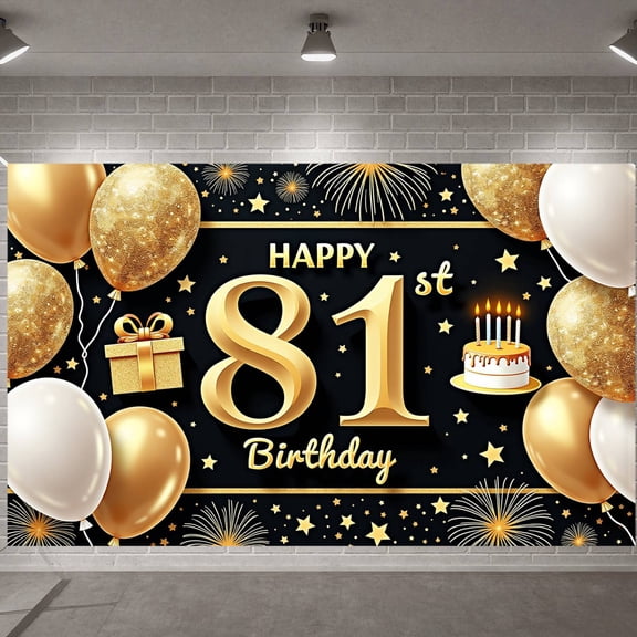 Golden Theme Happy 81st Birthday Banner Sparkling Design 81st Birthday Display Star Decor Gift Box 81st Birthday Backdrop for 81st Birthday Party Senior Birthday Celebration Indoor Party Decoration