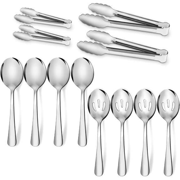 12PCS Stainless Steel Serving Utensils Sets - Lar Serving Spoons,Slotted Spoons,Serving Tongs,Appetizer Tongs,Utensills Sets for Buffet Catering Banquet Party (Silver)