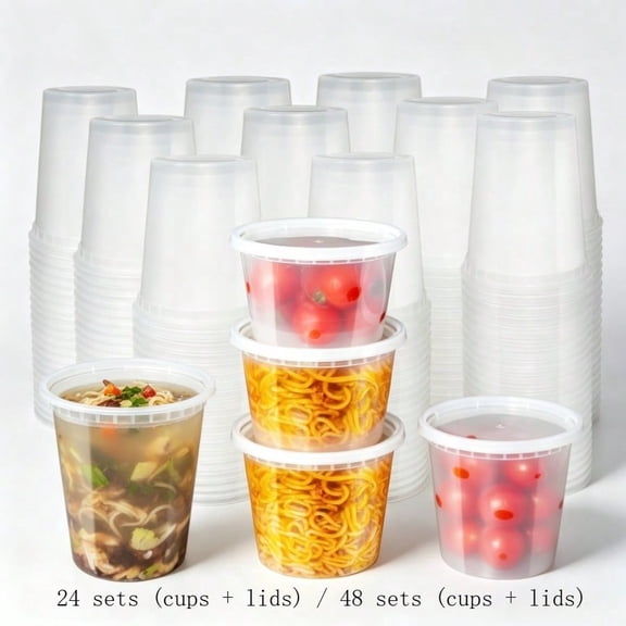 Clear Plastic Disposable Takeout Cups with Lids, Microwave & Freezer Safe Food Containers for Soup, Salad and Fruit