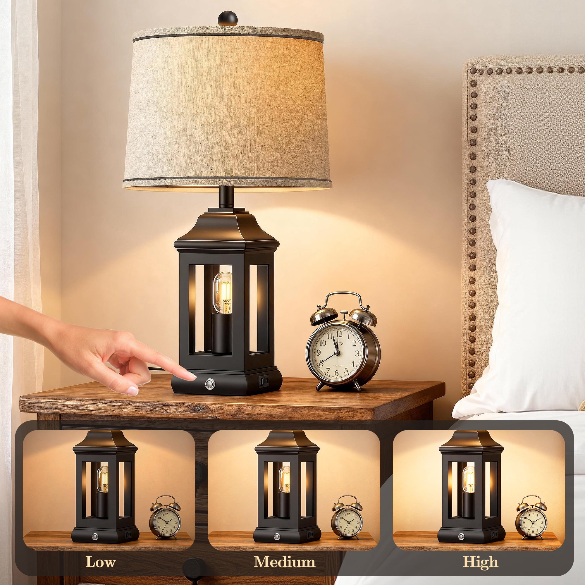 24" Rustic Farmhouse Table Lamps for Living Room Set of 2, Touch Dimmable Nightlight Vintage Bedside Lamps with USB A+C Ports & Dual Light Sources for Bedroom Nightstand End Table, Matte Black