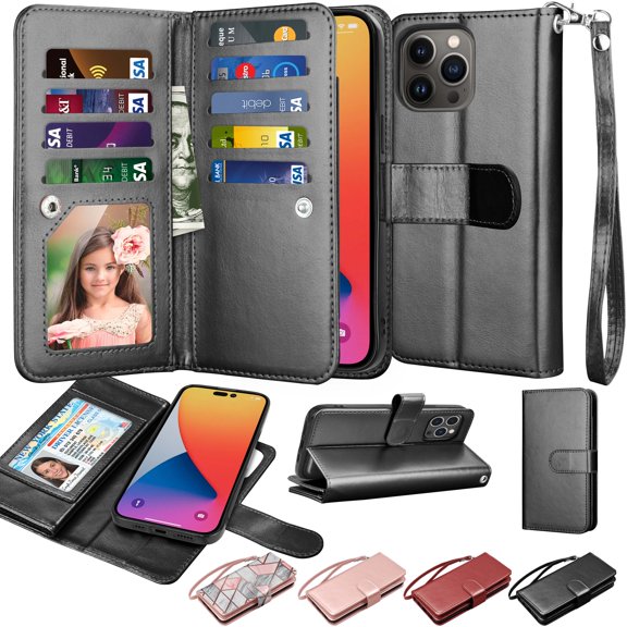 Njjex iPhone 14 Pro Max Case,PU Leather Wallet Case,Credit Cards Holder Kickstand Shockproof Flip Magnetic Protection Men Women Lady Phone Case for iPhone 14 Pro Max - Black