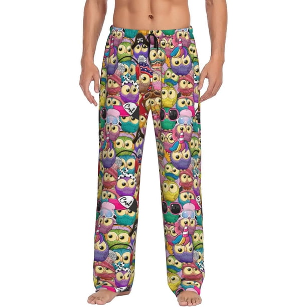 Balery Cute Cartoon Owls Pantalones de pijama para hombre, pijama ultraligero, pantalón de descanso-Small