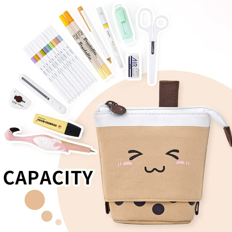 1PC Cute Pencil Case Standing Pen Holder Telescopic Makeup Pouch Pop Up  Cosmetics Bag with Kawaii Smile Face Stationery case Office Organizer Box  for Girls/Boys Students Women Adult (Brown)