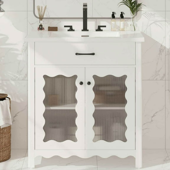 Spaco 31" Bathroom Vanity with Tempered Glass, Modern Bathroom Cabinet with Rubber Wood Legs and Soft Close Doors for Indoor, White
