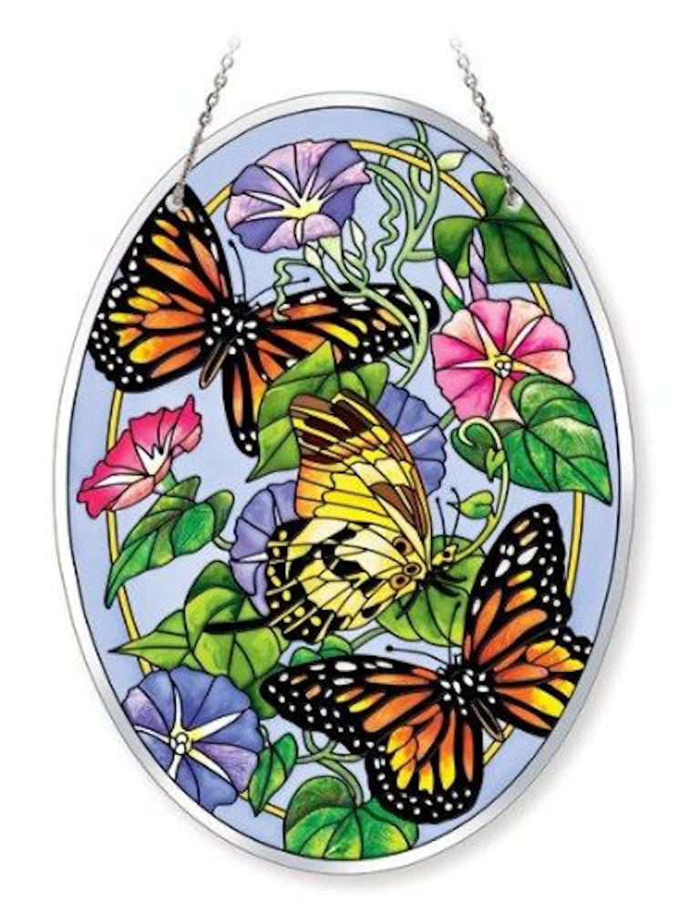 Three Monarch Butterflies Blue Oval Art Glass Panel Wall Window Hanging Suncatcher 14 x 20