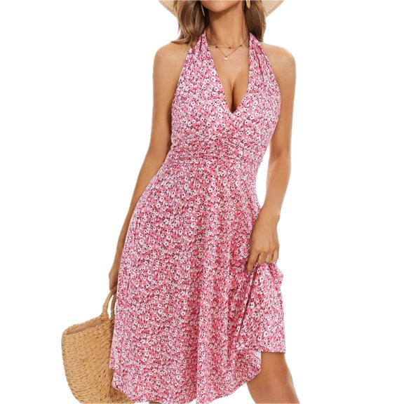 Women's Printed Halter Neck Dress with Slight Stretch 100% Polyester Fabric Lightweight Flowy Summer Look For Vacation