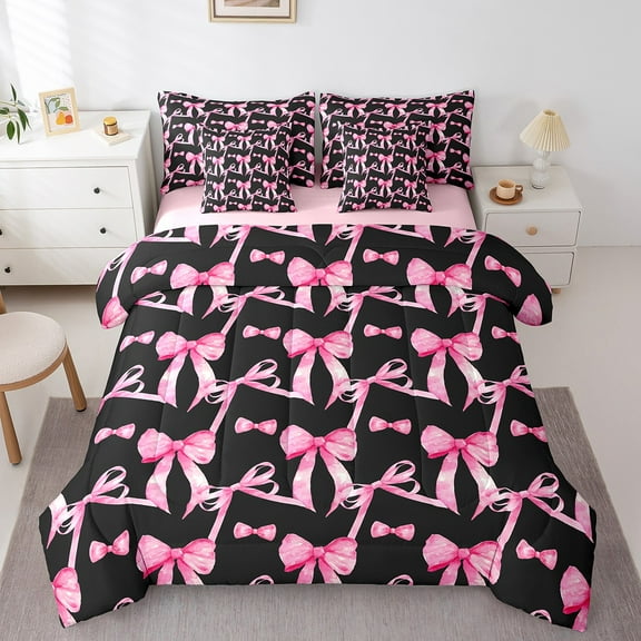 Erosebridal Girly Pink Bow Bed in a Bag Twin size, Love Heart Bedding Twin Size, Kawaii Princess Reversible Bed Set, Ultra Soft Bedroom Decor, 7-Piece