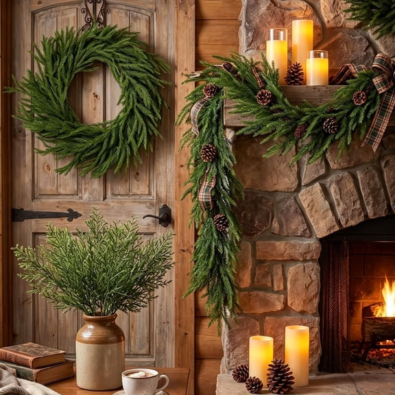 Aurorax Pine Christmas Garland,Indoor Christmas Wreath Decorations 5.9ft Rustic Christmas Garland Table Centerpiece Wall Mantel Green