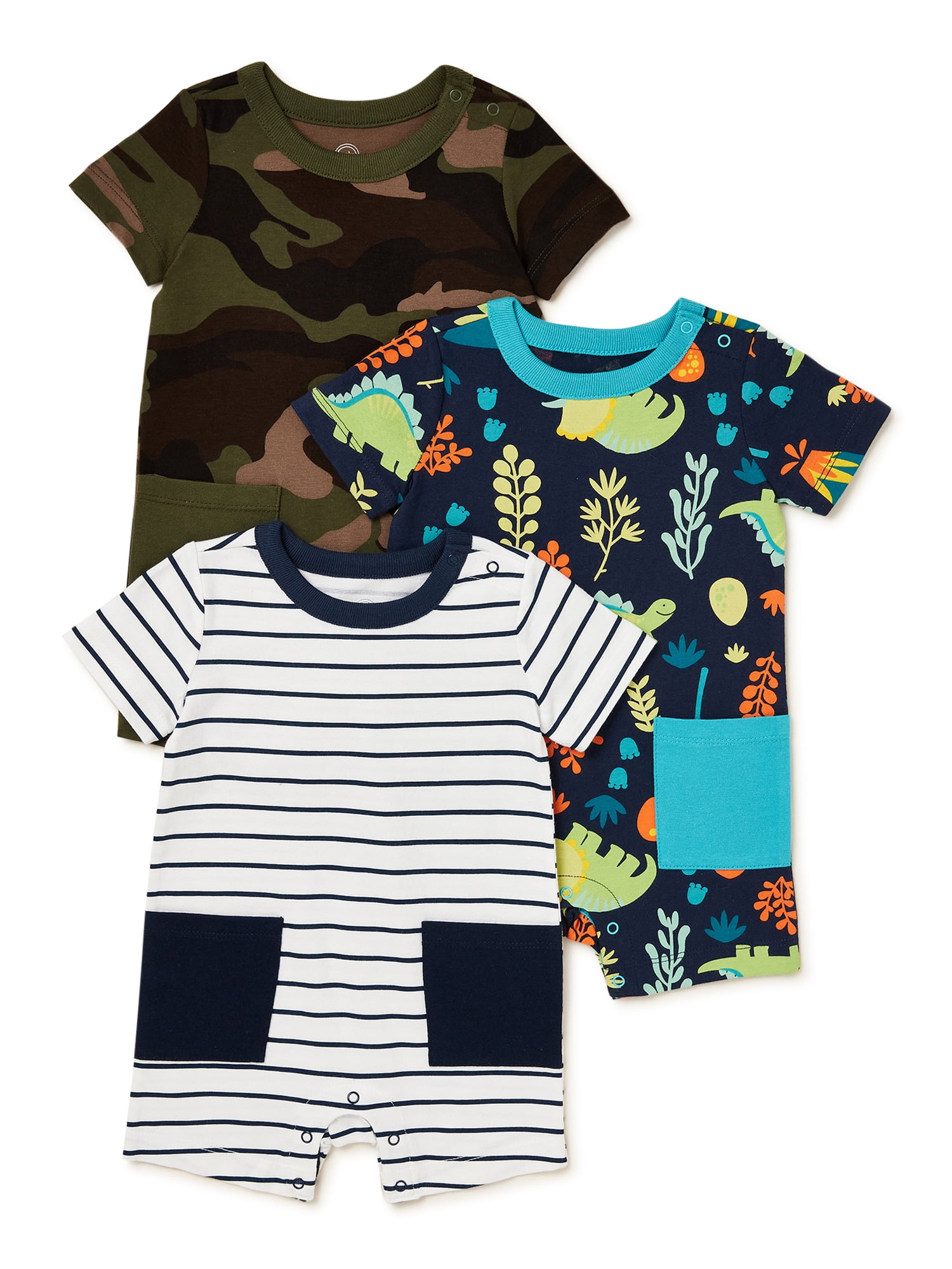 Wonder Nation Baby Boys Short Sleeve Rompers, 3-Pack, Size 0-24 Months