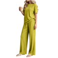 thumbnail image 7 of ABSUYY Womens Two Piece Wide Leg Pants Loungewear Set Ribbed Knit Crew Neck Short Sleeve Oversized Green,Size Free Size, 7 of 7