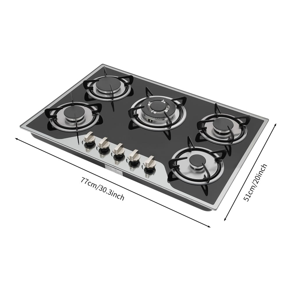 30 Inch Gas Cooktop, 5 Burner Built-in Gas Stove Top LPG/NG Convertible, Black Tempered Glass Gas Hob with Battery Pulse Ignition, 1/2" Gas Connection, Drop-in Kitchen Cooktop for Home & Restaurant