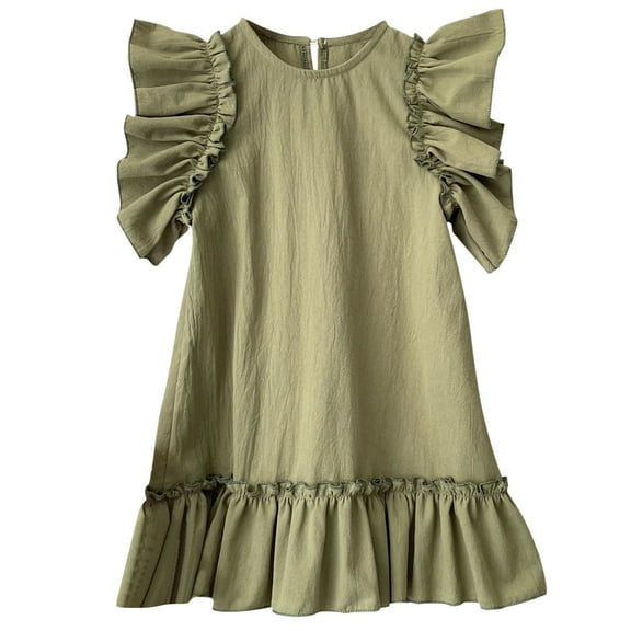 Kiijoy Girls Summer Ruffle Sleeve A Line Dress Casual Cotton Plain Dresses, Sizes 6M-6Y