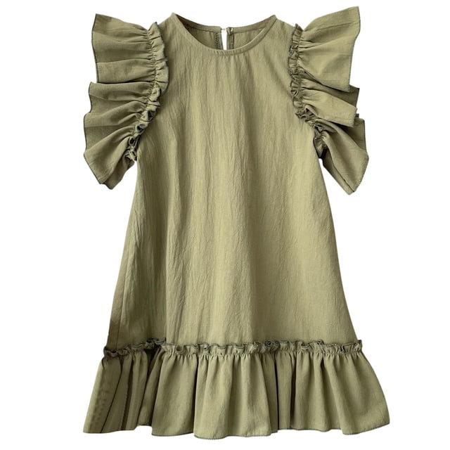 Robes pour Adolescentes Été Bord à Volants Nouvelle Coupe Ample Longue Mode Princesse Robe Verte 4-5 Ans