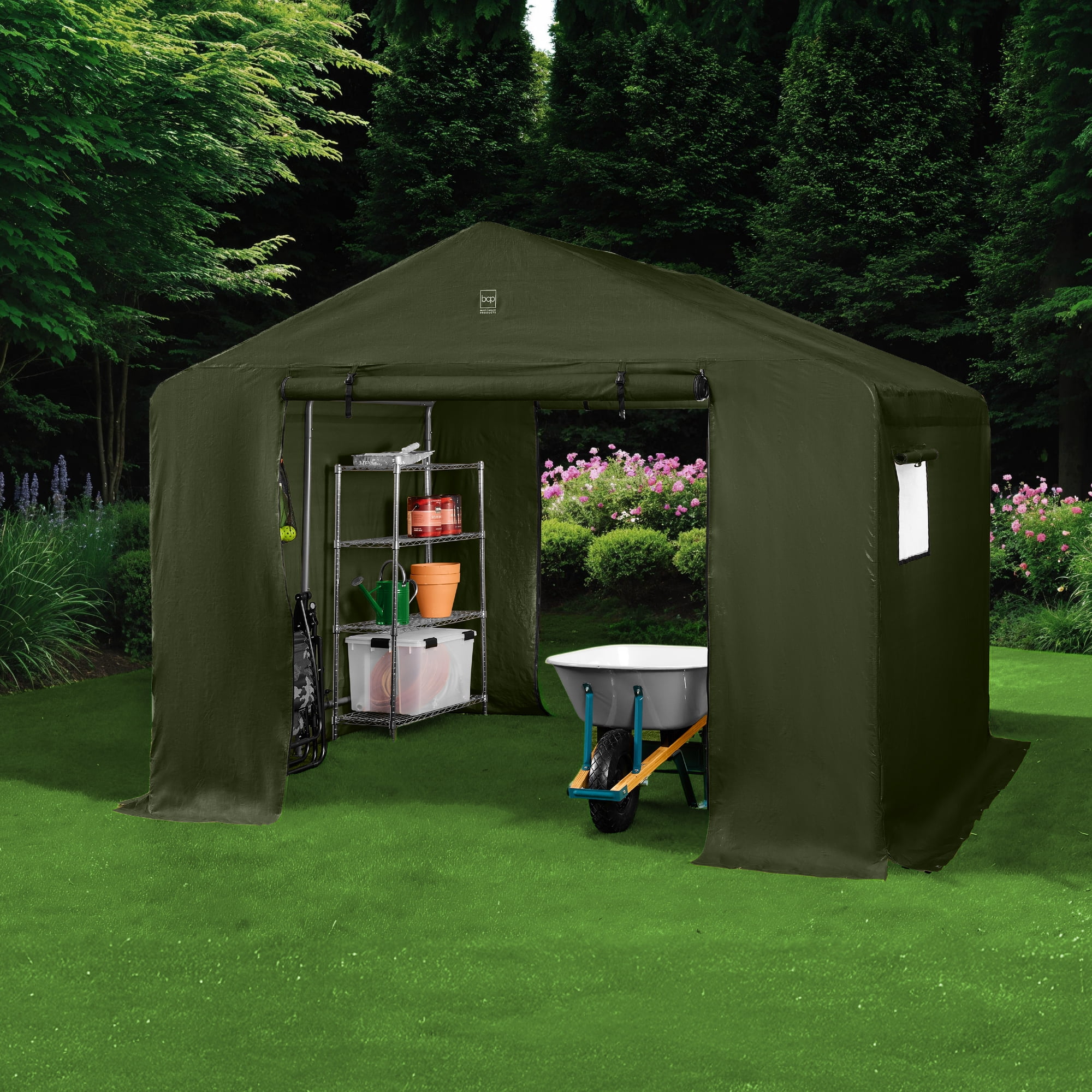 Best Choice Products 10x8ft Outdoor Fabric Storage Shed, Steel Frame, Dual Roll-Up Zipper Doors, Window - Forest Green