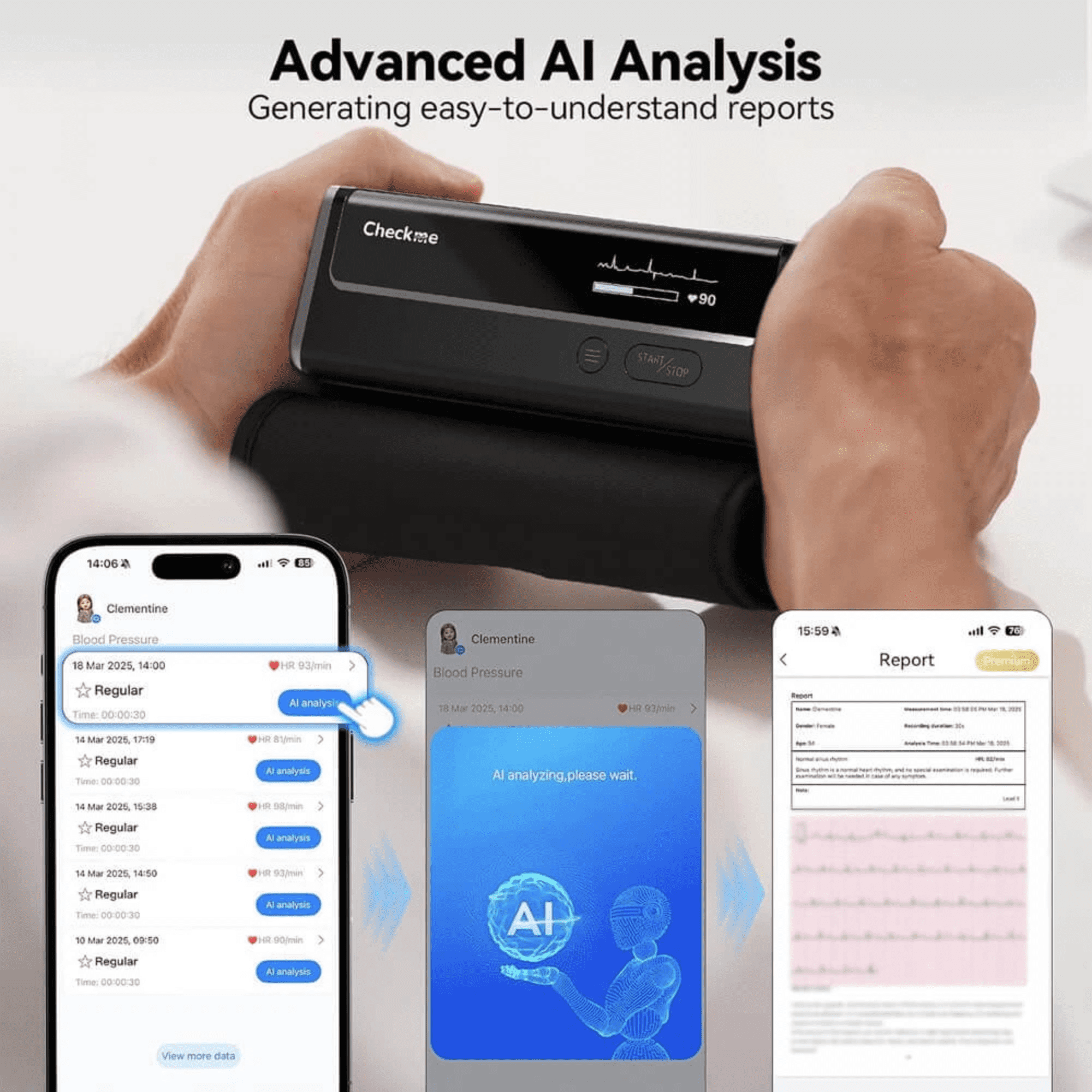 Open Box Checkme 3-in-1 Upper Arm Blood Pressure Monitor with AI EKG/ECG Analysis & WiFi Connectivity