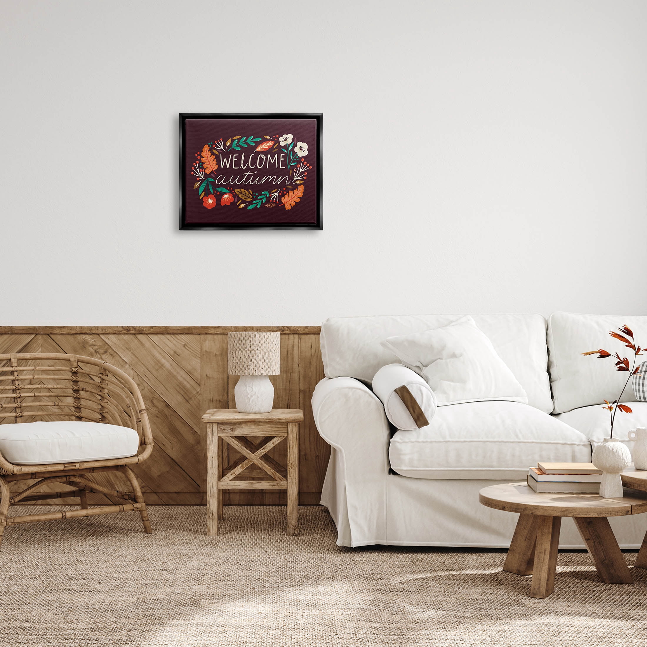 Welcome Autumn Fall Botanicals Holiday Graphic Art Jet Black Framed Art Print Wall Art