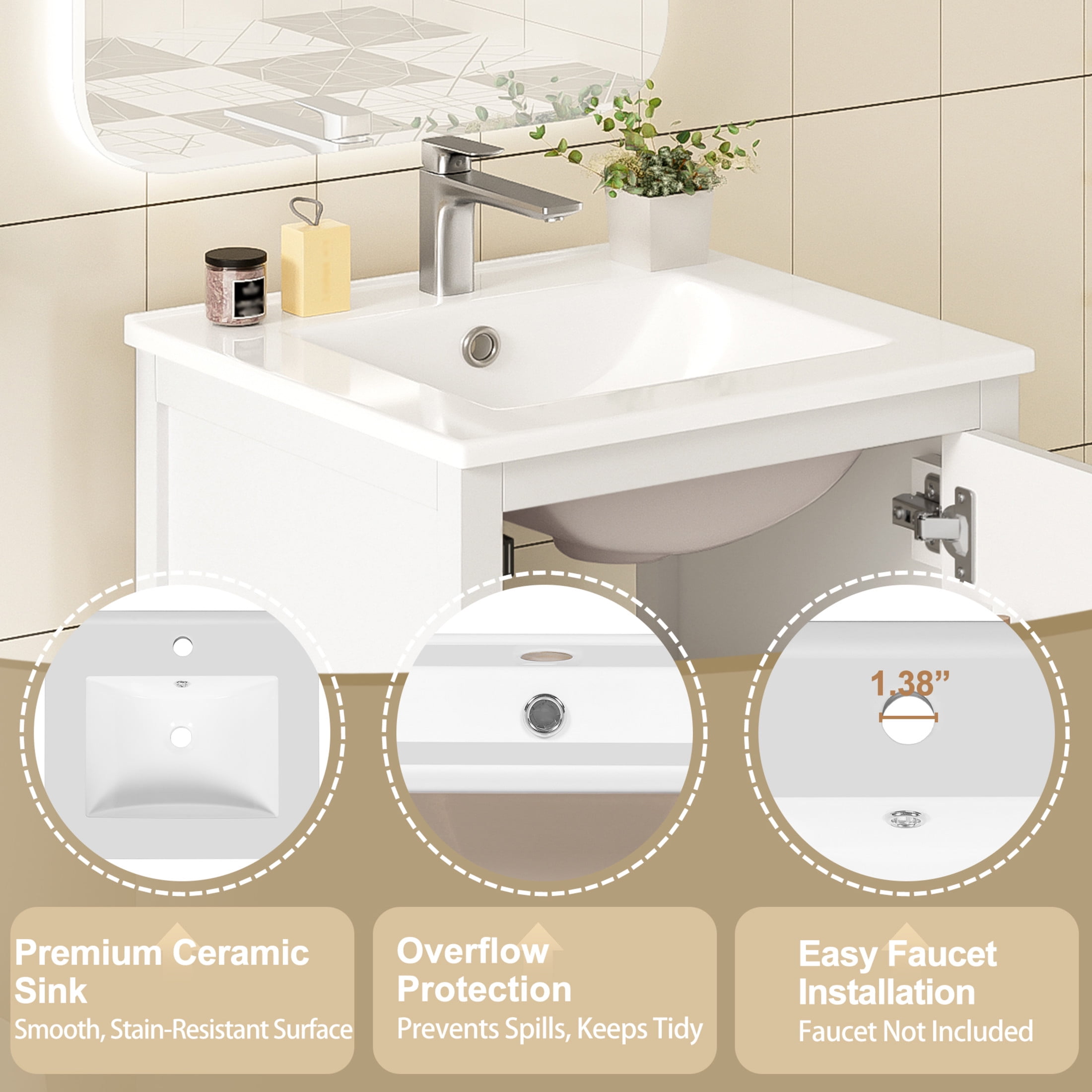 Noble House 20" Modern Bathroom Vanity with Ceramic Sink, Soft Close Drawer & Door, Divider Drawer, White