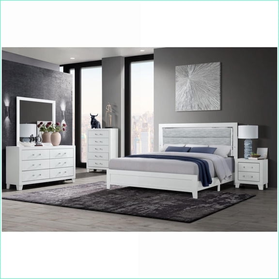 Bedroom Furniture Set, 5-Piece Queen White Modern with LED | Solid Wood MDF | Double Dressers