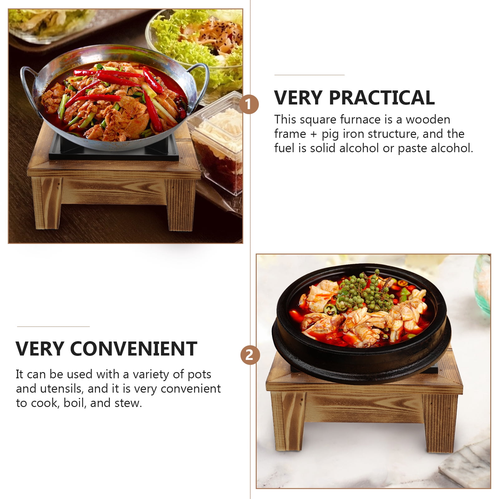 Masteelf Practical Black Synthetic Cooking Alcohol Stove for Kitchen Use with Pine Wood Frame and Design