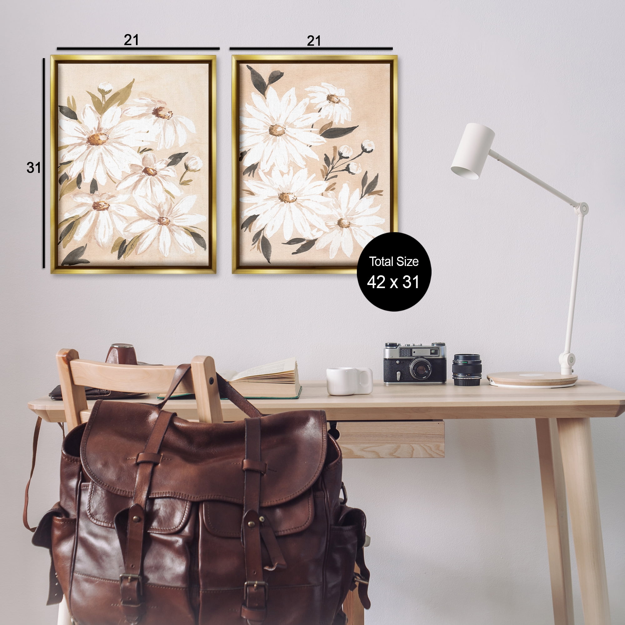 Stupell Industries White Daises on Peach Plants & Flowers Painting Gold Floater Framed Canvas Art Print Wall Art, 21 x 31, Set of 2
