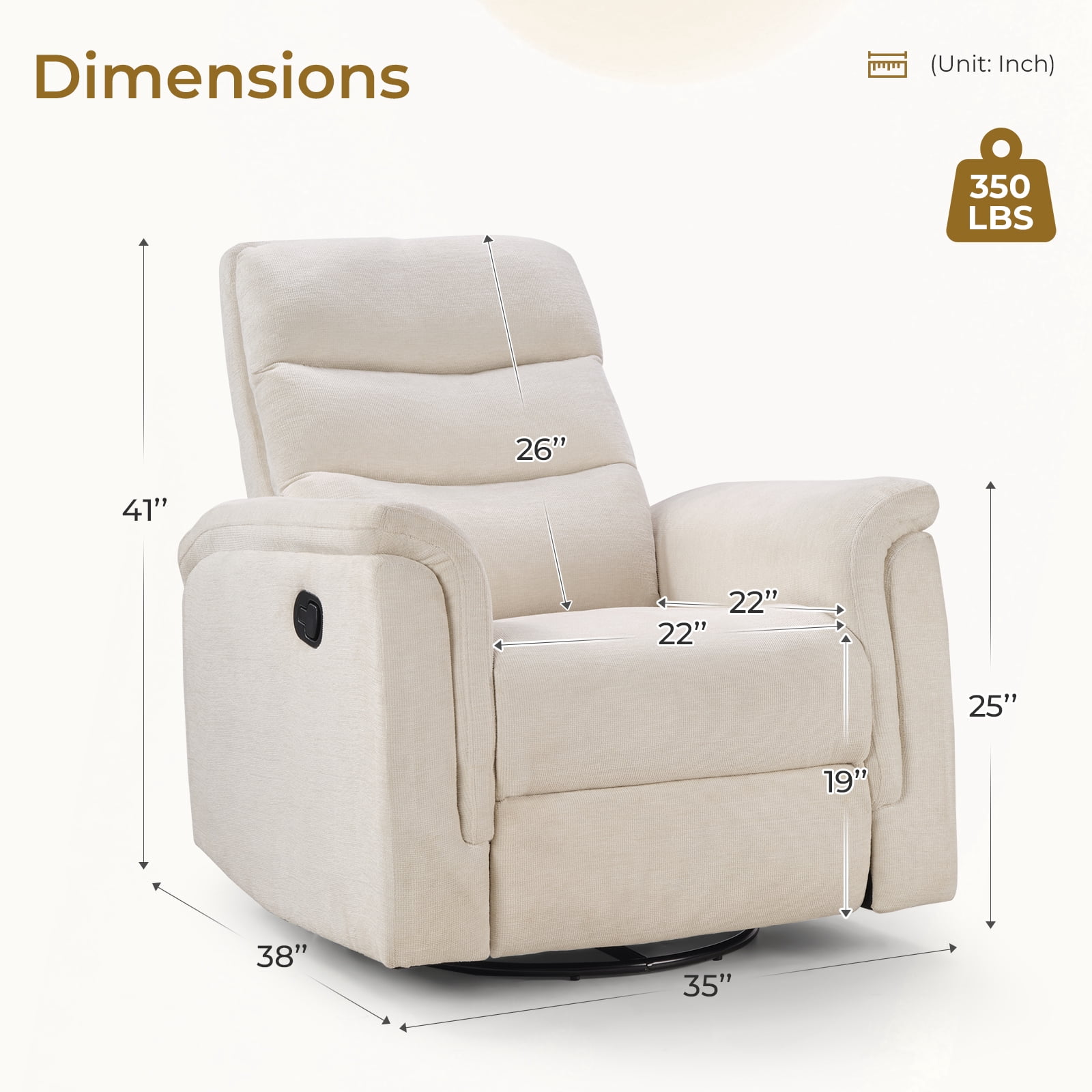 Ebello Manual Fabric Swivel Rocker Recliner, Silent Nursery Glider Chair with Soft Armrests & Backrest for Bedroom Apartment Living Room, Beige