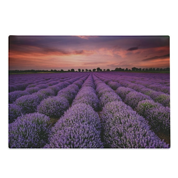 Dark Purple Cutting Board, Lavender Field Photo with Burnt Sienna Toned Sunset Sky Tree Silhouettes, Decorative Tempered Glass Cutting and Serving Board, in 3 Sizes, by Ambesonne