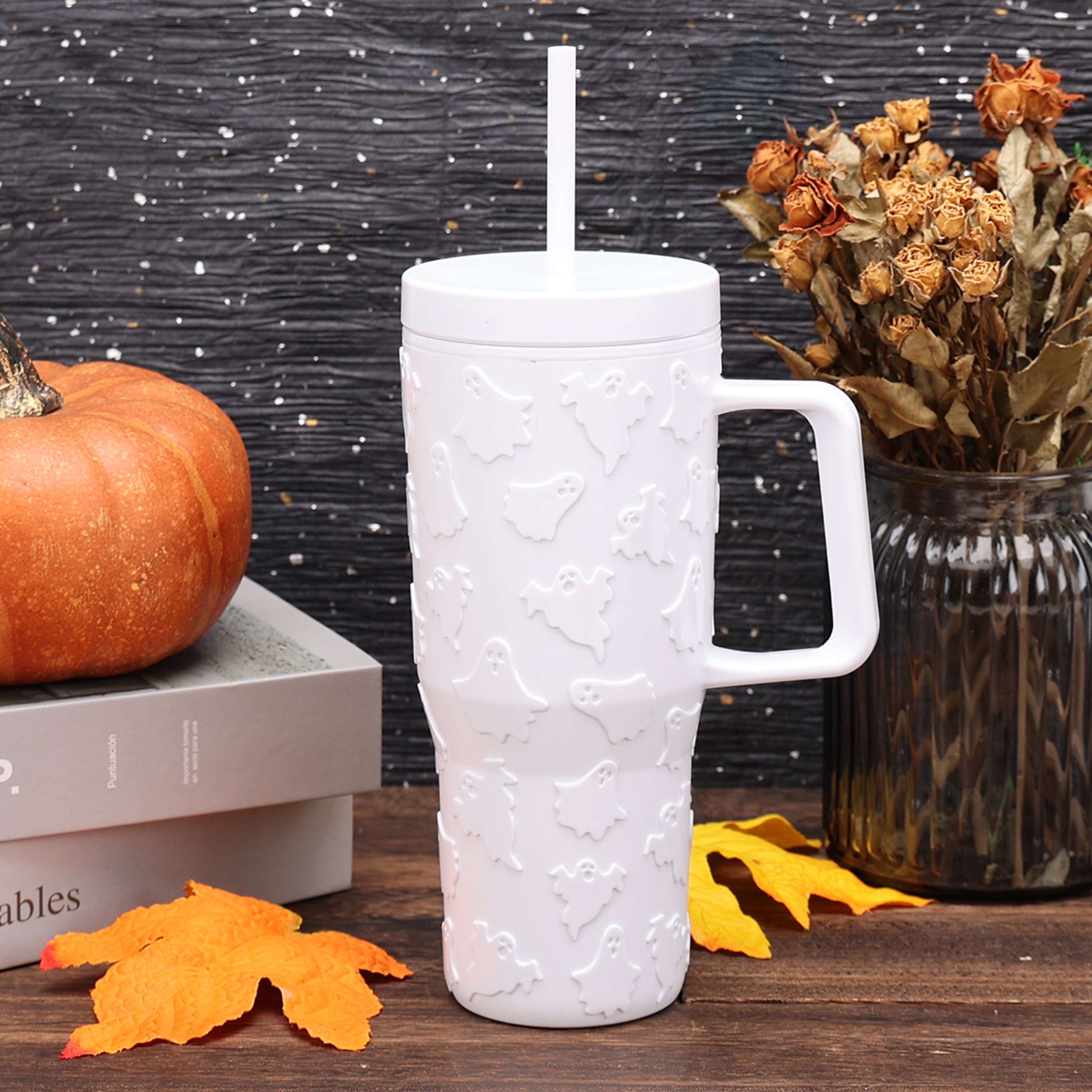Way To Celebrate 30 Ounce Acrylic Double Wall Embossed Ghost Tumbler with Straw and Handle, White