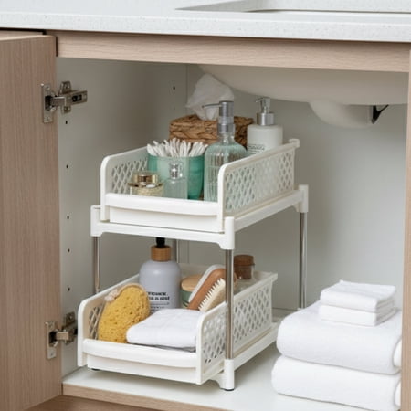Sliding Storage Drawers Pull Out Plastic Cabinet Organizer 2 Tier grey 