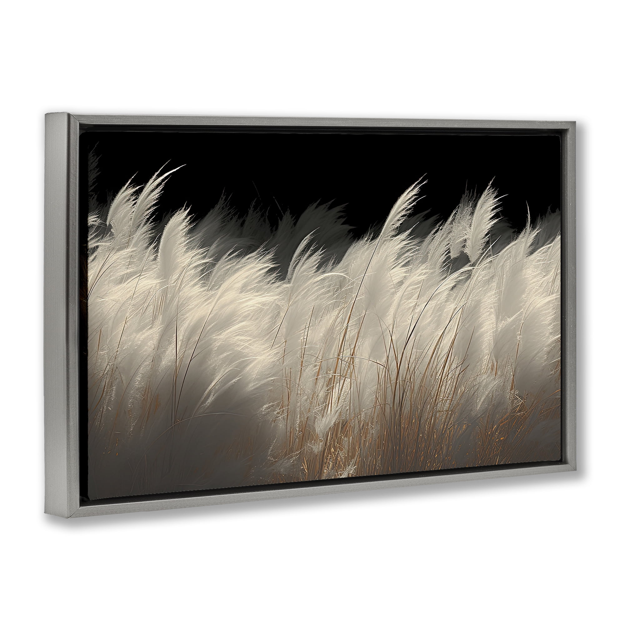 White Feathers Windblown Grasses Gray Framed Floater Canvas Wall Art, design by Decent Exposures