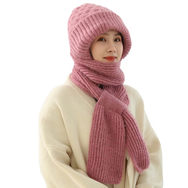 GDREDA Integrated Ear Protection Windproof Cap Scarf,Elastic Warm Ear Protection Knitted Hat Scarf,Winter Windproof Hat for Women Pink,One Size