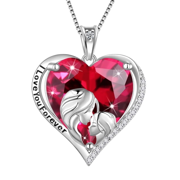Juwaliy Collar de Corazón para Mujer para Madre E Hija de Plata Esterlina 925 con Circonia Cúbica Rubí Piedra de Nacimiento Dije Joyería Julio Cumpleaños Navidad Regalo Mother's Day