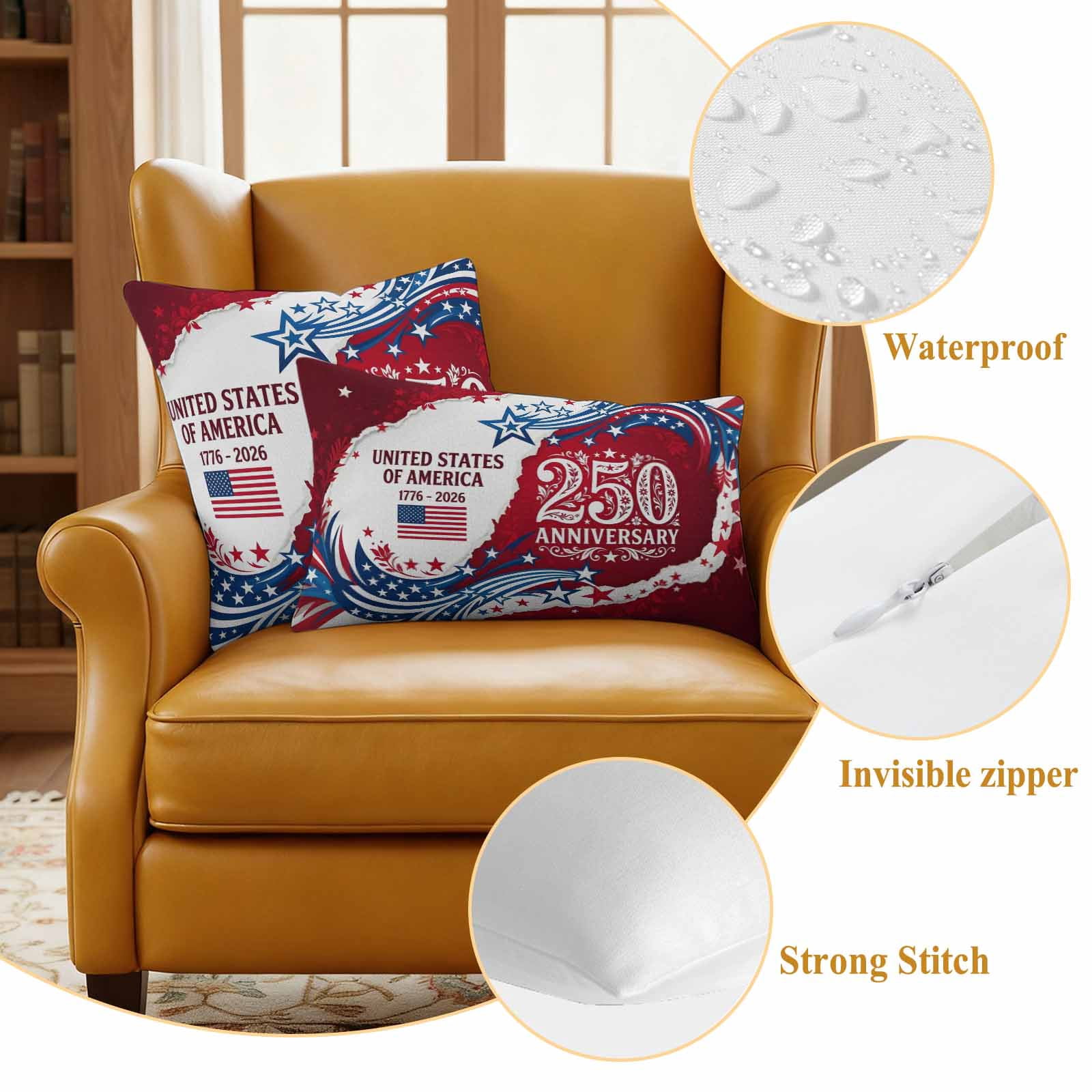 Anniversary USA Outdoor Waterproof Pillow Covers, 4th of July 1776-2026 American Flag Decorative Rectangle Throw Pillowcase Sofa Cushion Sham for Patio/Couch/Chair, 20"x12" 2 Pack