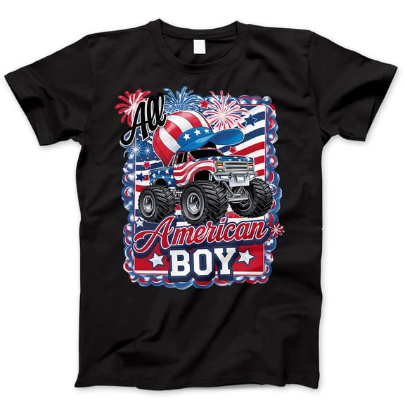 All American Boy Monster Truck T-Shirt – Red White Blue Fireworks USA Flag Tee – Patriotic 4th of July Shirt for Kids, Boys, Toddlers & Young American Boys