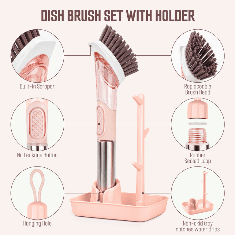 DSOOLO Dish Brush with Soap Dispenser, 3 Heads photo 2