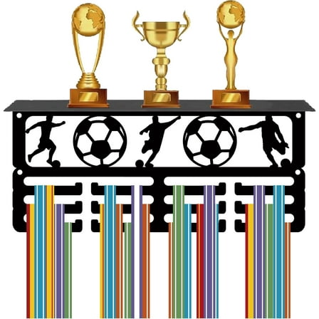 Football Trophy Shelf Medal Display Shelf with 12 Hooks Medal Hanger Display Sports Wall Mount Stand Black Trophy Holder Medal Organizer Rack for Women Gymnastics Awards 11.4x5x4Inch for making