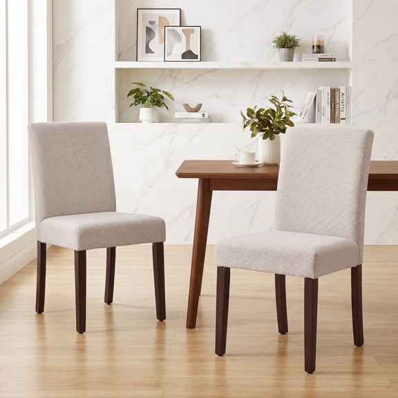 Upholstered Fabric Dining Chairs Set of 2 with Wood Legs, Modern Parsons Chairs with High Back for Kitchen, Dining Room, or Restaurant, Beige