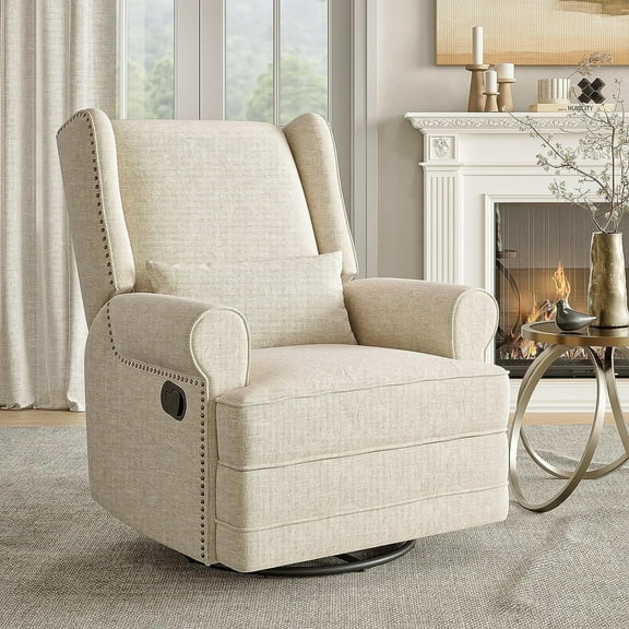 Royalcraft Swivel Nursery Glider Recliner, Comfy Upholstered Glider Chair with Lumbar Pillow and Footrest, Beige